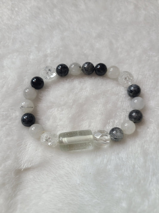 Black and white Tourmalinated quartz and Clear quartz bra